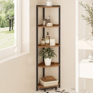 Rustic 5-Tier Corner Bookshelf with Metal Frame, Corner Shelf Stand for Living Room, Bedroom, Home Office, Plant Stand