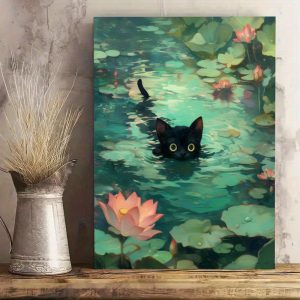 House Decoration Digital Painting - Black Cat Leisurely Swimming in the Lotus Pond, with Frame, Suitable for Bathroom, Room, and Living Room Decoration, 11x14 Inches