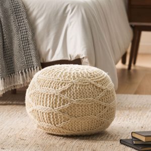 Round Pouf Ottoman - Cable Knitted Boho Poof - Home D??cor Cord Pouffe Handmade Circular Footrest For Living Room - Bedroom