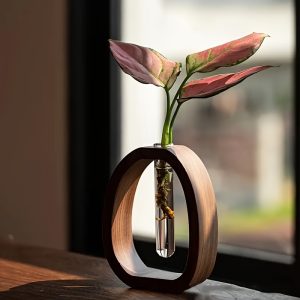 Elegant Walnut Solid Wood Mini Vase with Glass - Perfect for Home & Hotel Decor, Round Shape