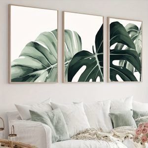 Set of 3 Tropical Plant Monstera Leaf Painting Triptych Botanical Illustrations Art Canvas Poster Print Minimalist Wall Picture for Living Room, Bedroom, Office Room, Dinging Room, Home Decoration, Unframed