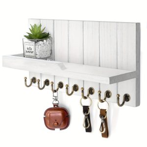 Decorative Key and Mail Holder for Wall - Farmhouse 15 Inches Floating Shelf with 7 Sturdy Key Hooks for Home Entryway Wall Decor