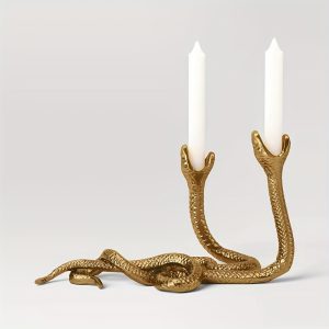 Gilded Serpent Charm: Double Snake Taper Candle Holder - An Exquisite Aluminum Accent For Your Sanctuary