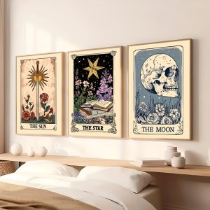 The Sun Moon Star Tarot Card Art Poster Boho Skull Sword Astrology Retro Trendy Painting Canvas Print Wall Picture Modern Home Living Room Bedroom Dorm Decoration, Unframed