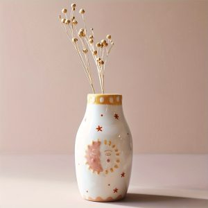 Unique Ceramic Vase, Cute Boho Decor, Small Cream Vase For Dried Flowers Or Single Bud - Sun And Moon Face Design