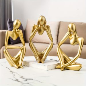 3-Piece Golden Thinker Statues Set, Abstract Resin Figurines for Home Decor, Office, Living Room