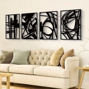 4pcs, Abstract Black Metal Wall Art, Minimalist Single Line Sculptures, 3D Textured, Set of 4, Living Room, Bedroom, Bathroom Decor (16x11 inches, Black)