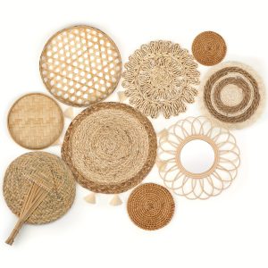 9-piece Bohemian Style 9-Piece Wall Hanging Basket Set with Rattan, Woven Lace, and Bamboo - Round Wall Decor for Bedroom, Living Room